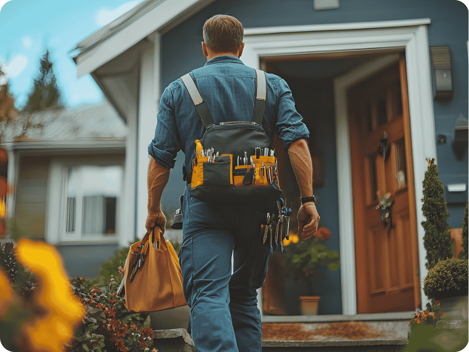 A service professional carrying a heavy tool bag and wearing a specialized equipment pack while approaching a residential front door, representing the integration of AI in Home Services to streamline on-site repairs.