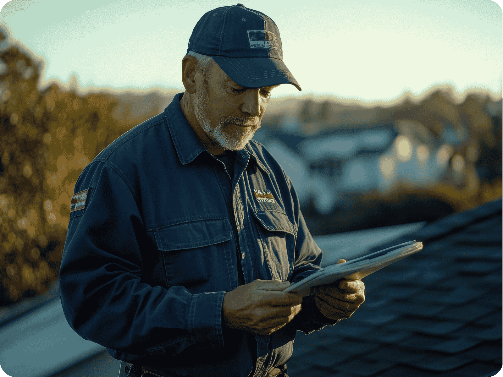 A focused service technician on a residential rooftop at sunset, utilizing a tablet to manage a complex workflow through a custom orchestration layer that syncs his field data with the company’s central CRM.
