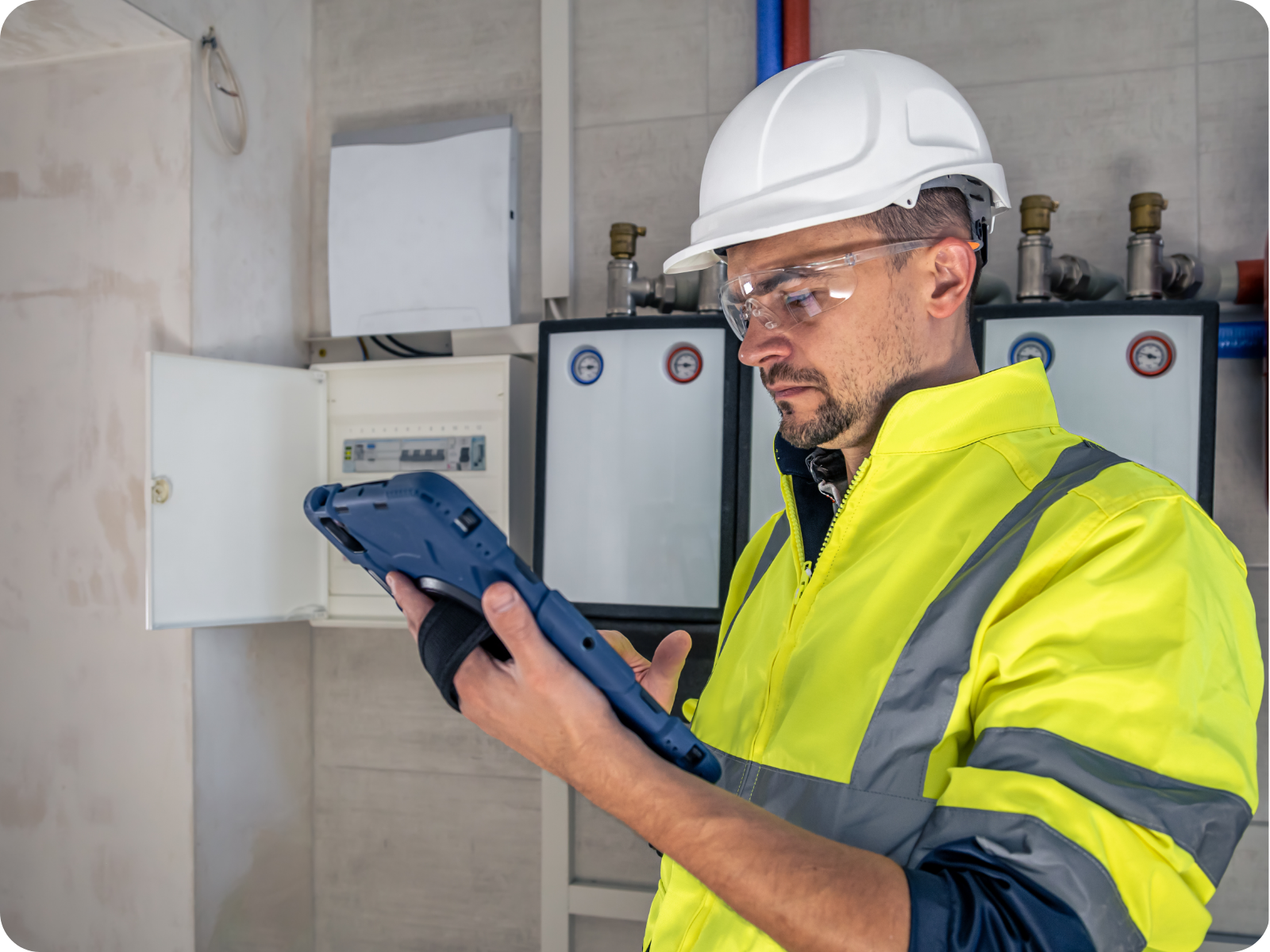 An HVAC technician in a hi-vis jacket and hard hat reviews job details on a rugged tablet at a commercial mechanical installation, illustrating how AI for HVAC companies supports field technicians with real-time scheduling and dispatch information.