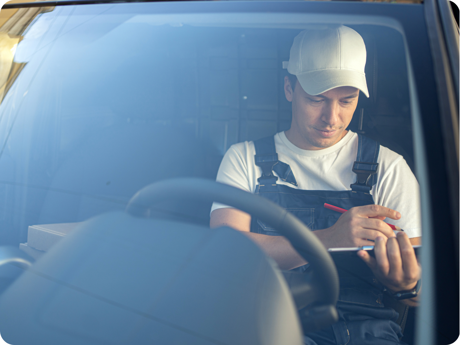 A field service technician in overalls reviewing a job sheet inside his work van before heading to the next appointment.
