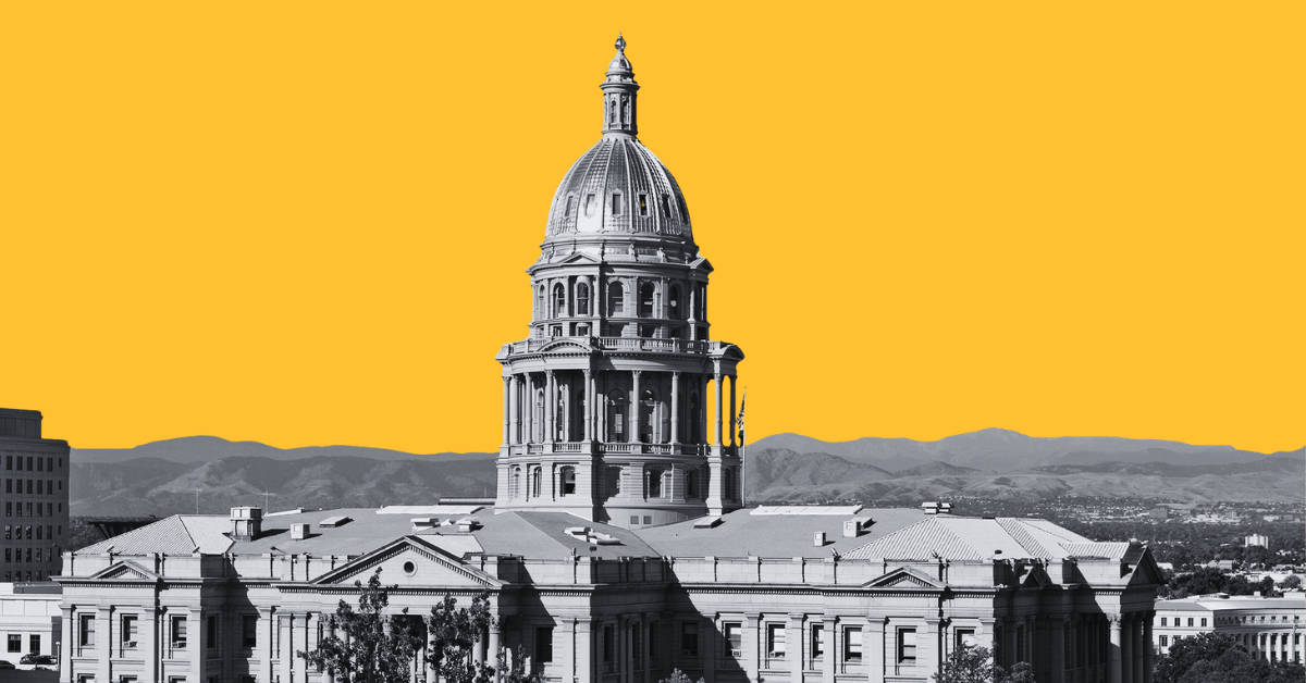 Colorado State Capitol in grayscale against a yellow background, representing the Colorado AI Act's replacement by SB 26-189
