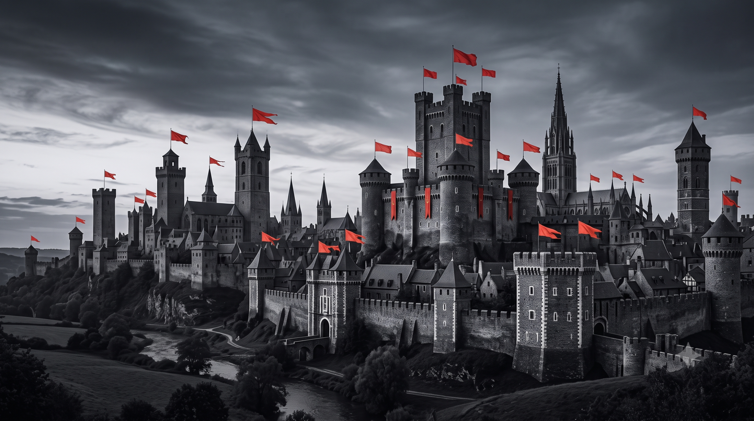 medieval skyline with red flags